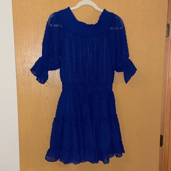 Limelush Navy Off the Shoulder Swiss Dot Dress - Picture 6 of 6